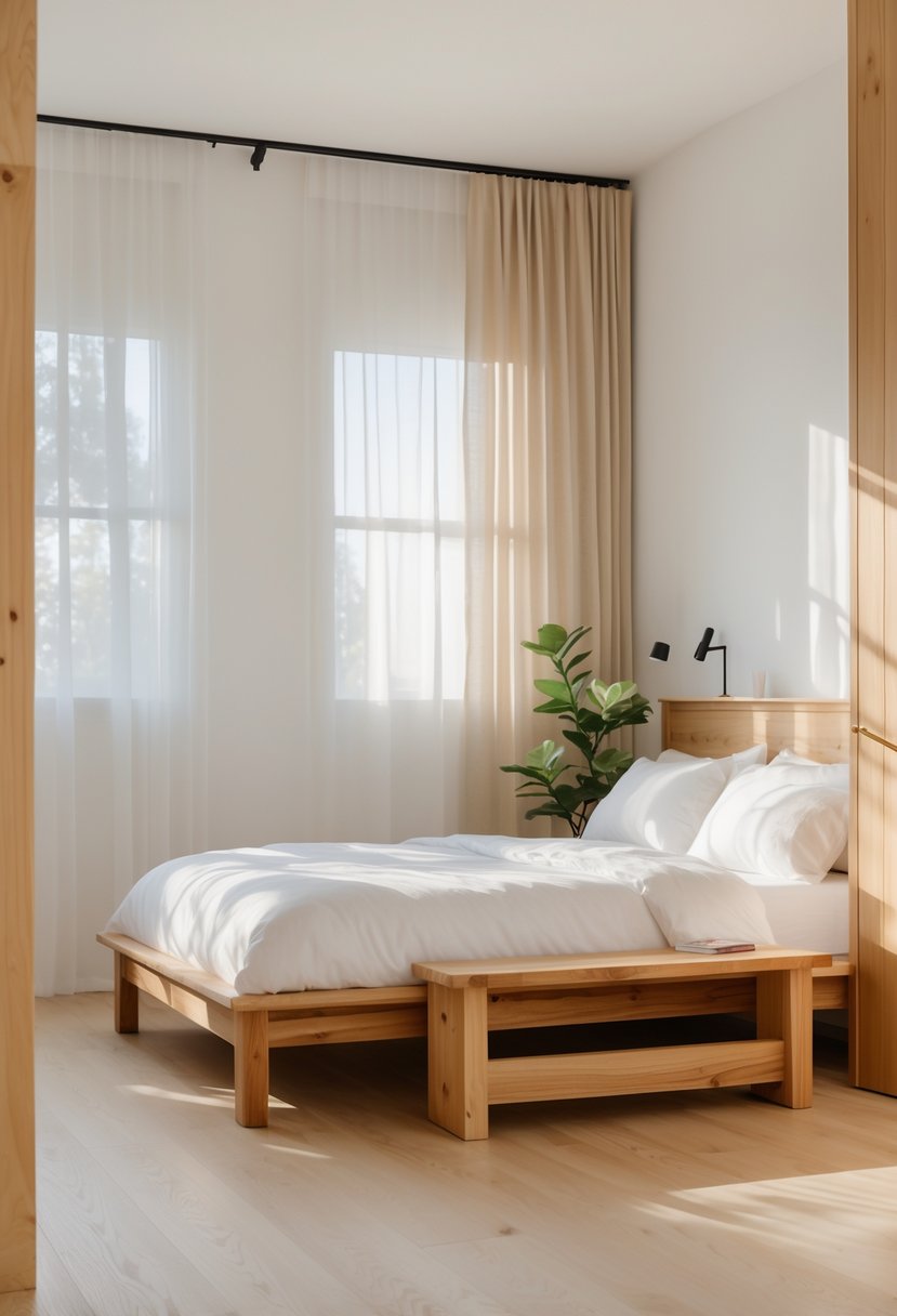 Minimalists Bedroom Ideas 2026: 21 Modern Designs for a Calm and Functional Space 8 A bright bedroom with a wooden bed frame, wooden nightstands, hardwood floor, and natural light coming through large windows.