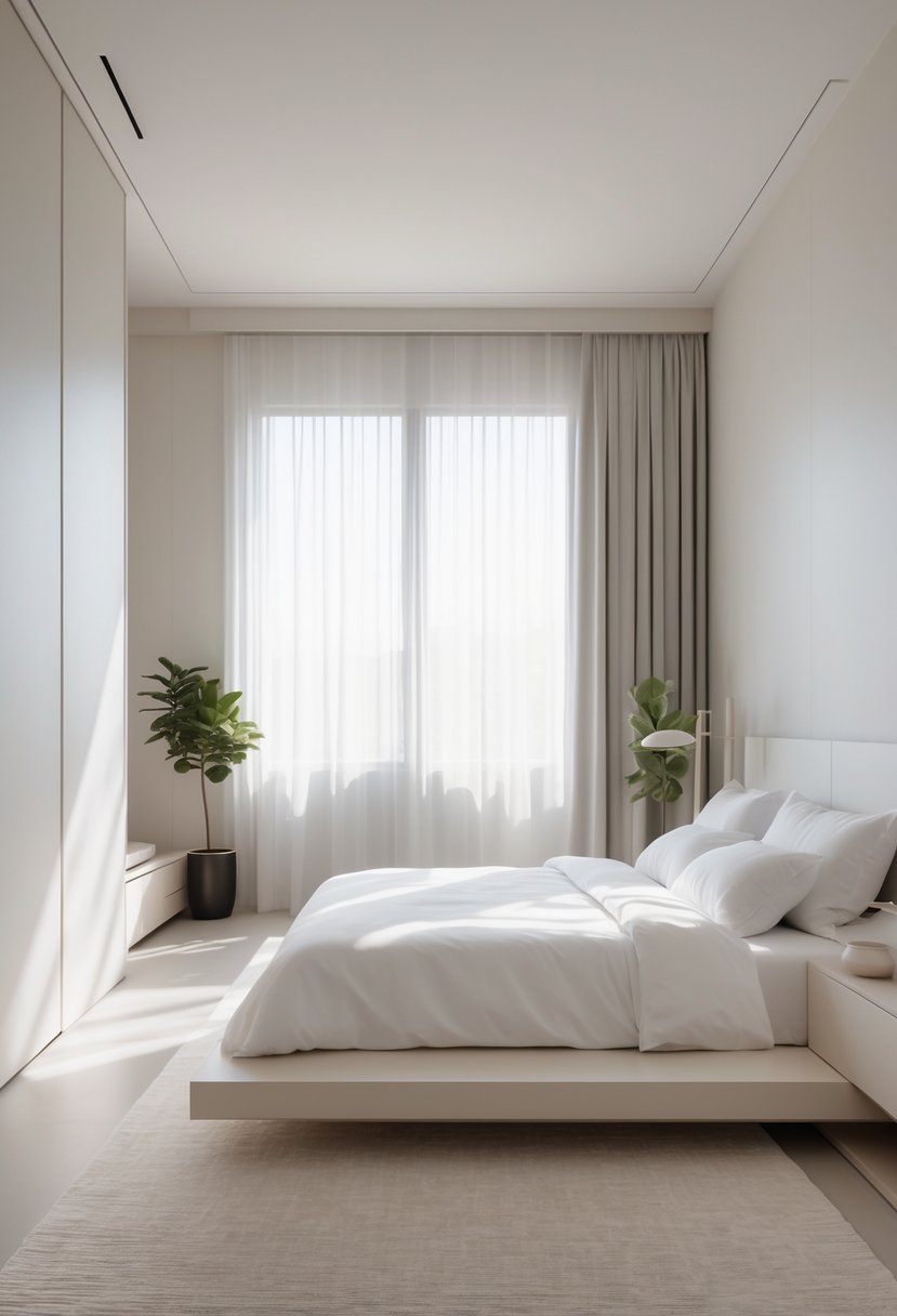 Minimalists Bedroom Ideas 2026: 21 Modern Designs for a Calm and Functional Space 9 A clean and simple bedroom with a bed, nightstand, lamp, plant, and natural light coming through large windows.