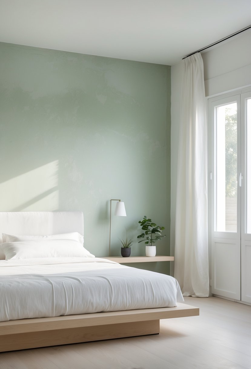 Minimalists Bedroom Ideas 2026: 21 Modern Designs for a Calm and Functional Space 10 A bright bedroom with a subtle green accent wall, a bed with white linens, a wooden nightstand with a plant, and natural light coming through large windows.