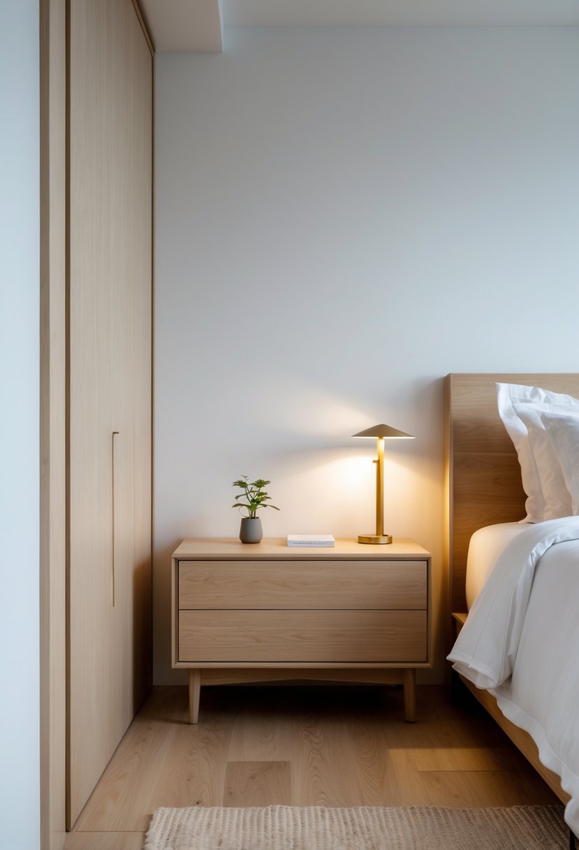 Minimalists Bedroom Ideas 2026: 21 Modern Designs for a Calm and Functional Space 11 A minimalist bedroom with matching wooden nightstands and floor, soft lighting, and a neatly made bed.