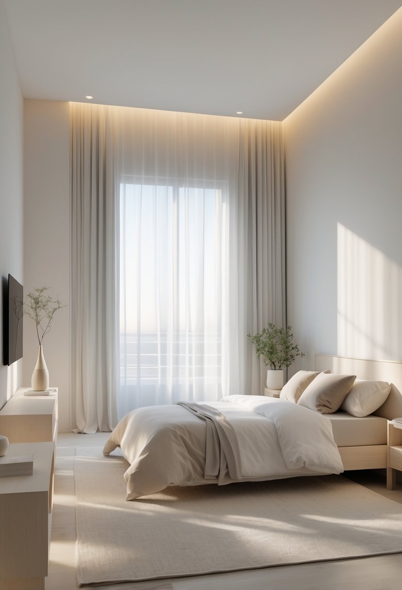 Minimalists Bedroom Ideas 2026: 21 Modern Designs for a Calm and Functional Space 12 A neatly arranged bedroom with a bed, wooden furniture, and soft natural light coming through sheer curtains.