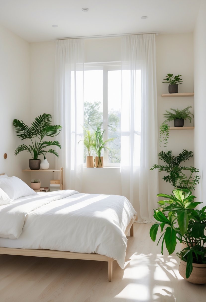 Minimalists Bedroom Ideas 2026: 21 Modern Designs for a Calm and Functional Space 13 A bright bedroom with a simple bed, wooden furniture, and several green plants placed around the room.
