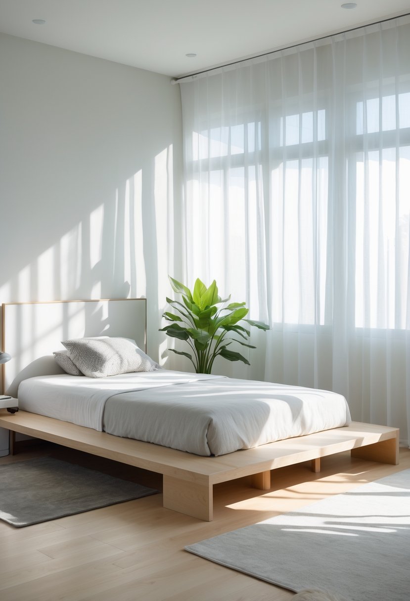 Minimalists Bedroom Ideas 2026: 21 Modern Designs for a Calm and Functional Space 14 A bright bedroom with a low wooden platform bed, neutral bedding, a bedside table with a lamp, and a potted plant near large windows.