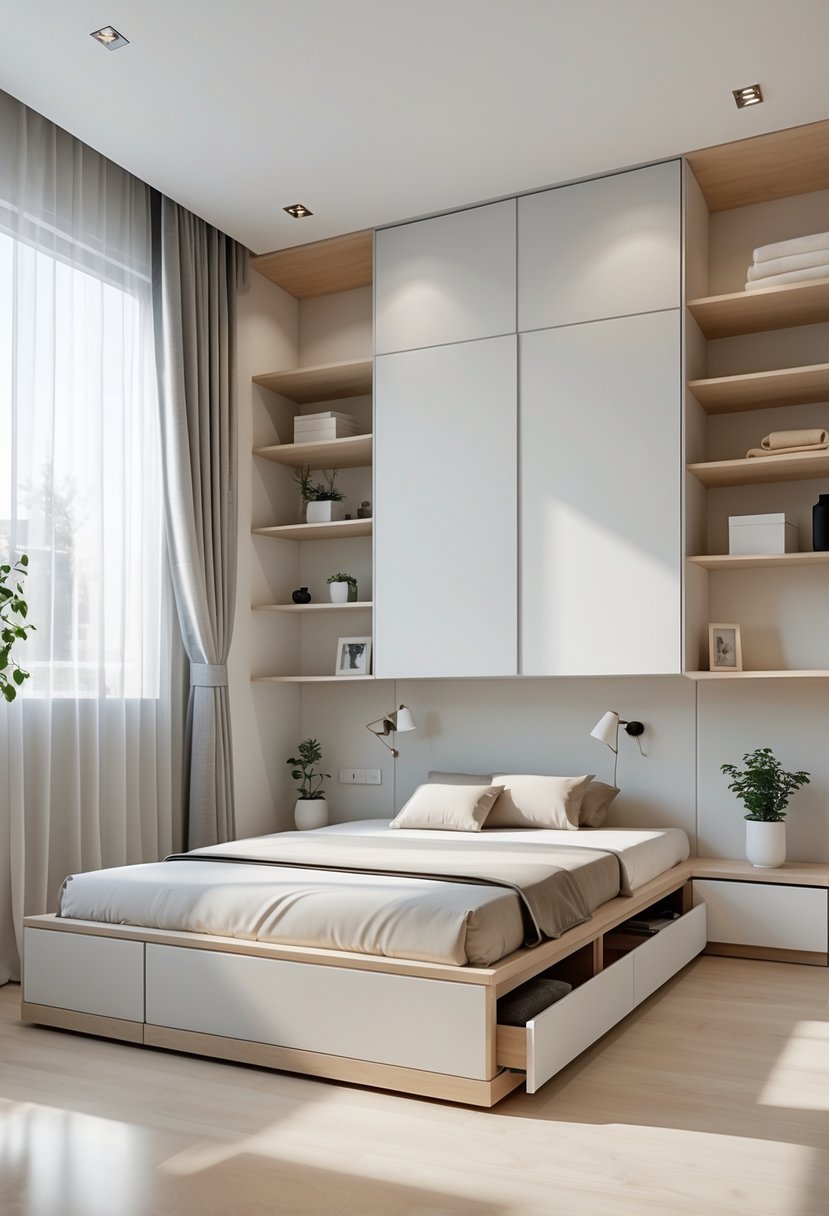 Minimalists Bedroom Ideas 2026: 21 Modern Designs for a Calm and Functional Space 15 A bright minimalist bedroom with a platform bed, built-in storage drawers, wall-mounted wardrobe, floating shelves, and a large window letting in natural light.