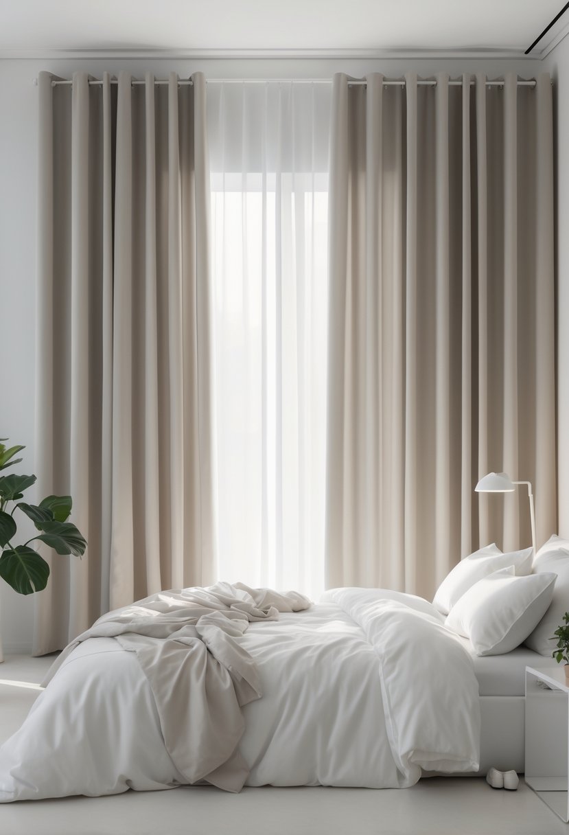 Minimalists Bedroom Ideas 2026: 21 Modern Designs for a Calm and Functional Space 16 A minimalist bedroom with blackout curtains in neutral shades, a neatly made bed, and soft natural light filtering through the window.