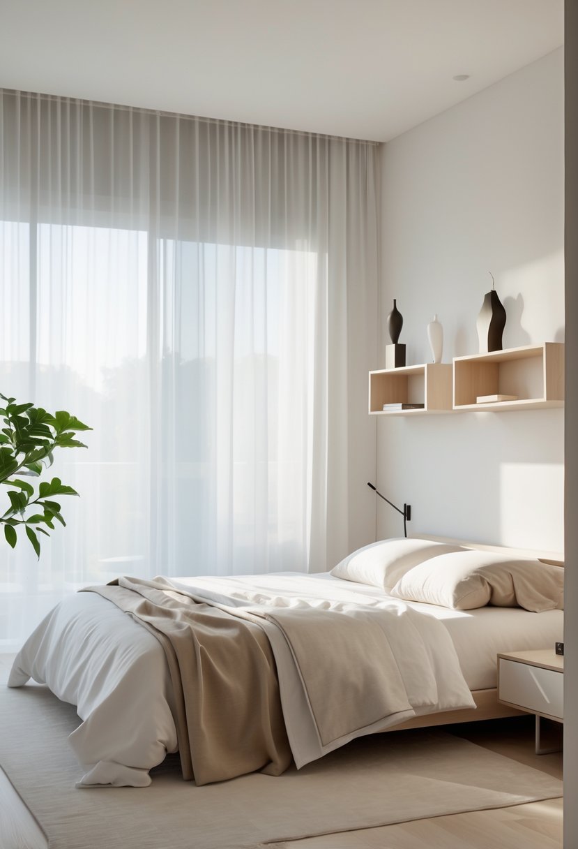Minimalists Bedroom Ideas 2026: 21 Modern Designs for a Calm and Functional Space 17 A bright bedroom with a neatly made bed, wooden shelves holding small sculptures, and a plant near the corner.