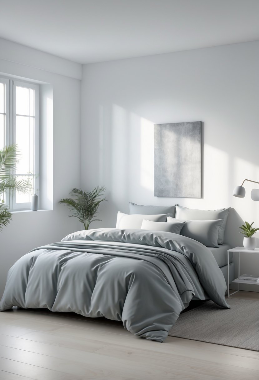 Minimalists Bedroom Ideas 2026: 21 Modern Designs for a Calm and Functional Space 18 A bright bedroom with a neatly made bed featuring gray bedding, a small plant on a nightstand, and a window letting in natural light.