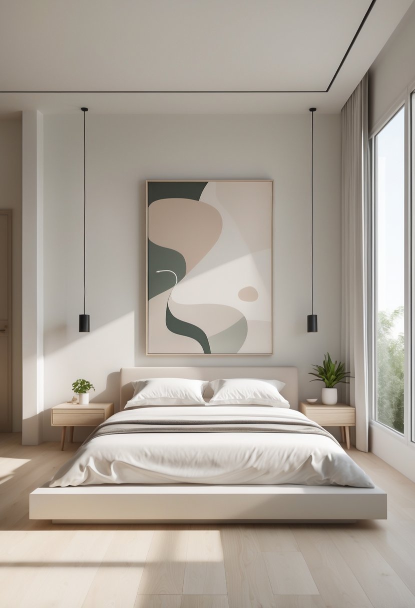 Minimalists Bedroom Ideas 2026: 21 Modern Designs for a Calm and Functional Space 19 A minimalist bedroom with a bed, a nightstand, a plant, and a single piece of abstract art on the wall above the bed.