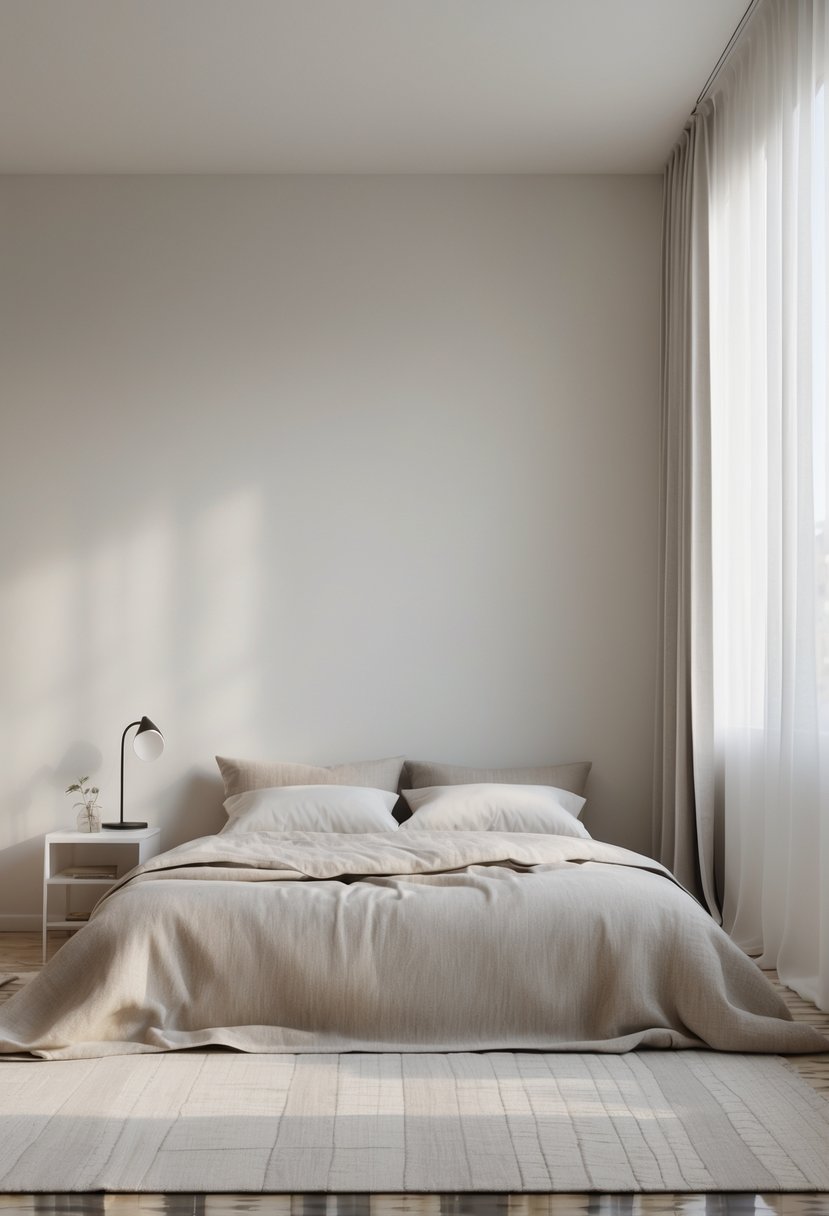 Minimalists Bedroom Ideas 2026: 21 Modern Designs for a Calm and Functional Space 21 A clean bedroom with a neatly made bed, a simple geometric patterned rug, and soft natural light coming through a window.