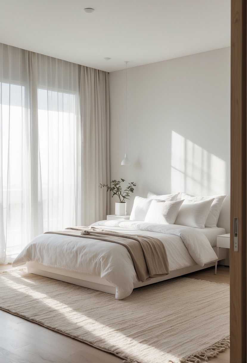 Minimalists Bedroom Ideas 2026: 21 Modern Designs for a Calm and Functional Space 23 A bedroom with a bed, neutral area rug, wooden floor, and soft natural light coming through a window.