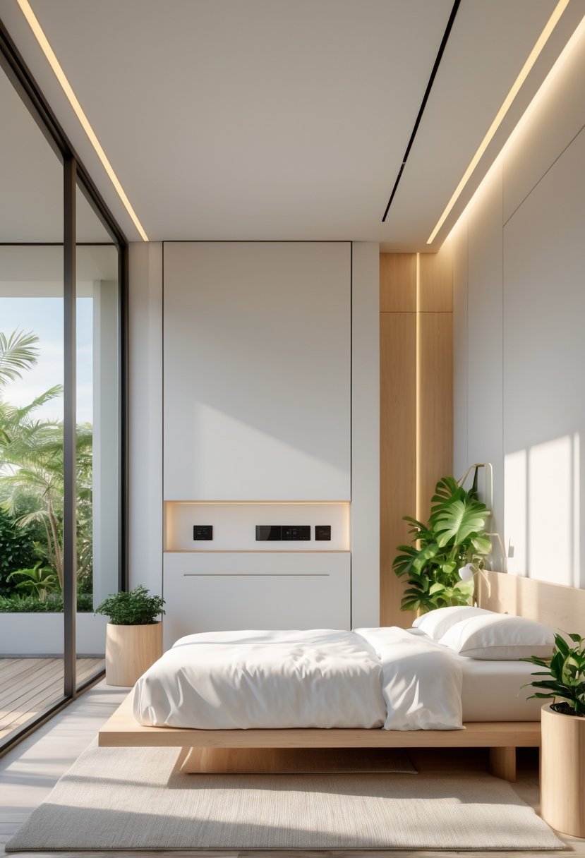 Minimalists Bedroom Ideas 2026: 21 Modern Designs for a Calm and Functional Space 25 A bright, spacious bedroom with a low wooden bed, large windows, green plants, and minimalist furnishings.