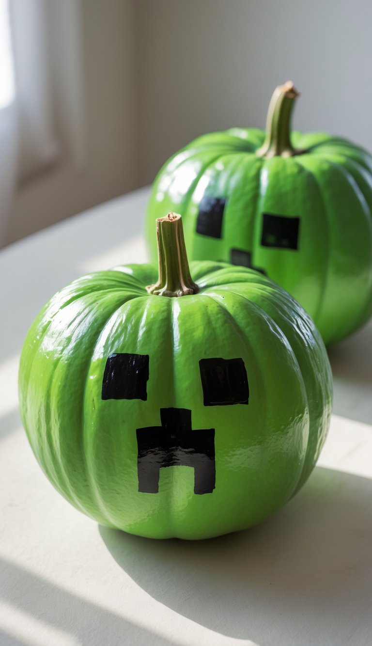 Close-up of one or two bright green pumpkins painted with a Minecraft Creeper face, placed on a clean tabletop under soft daylight.
