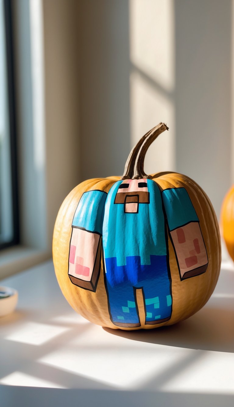 Close-up of one or two pumpkins painted with Minecraft Steve's blue overalls and skin tones, displayed on a clean tabletop under soft daylight.
