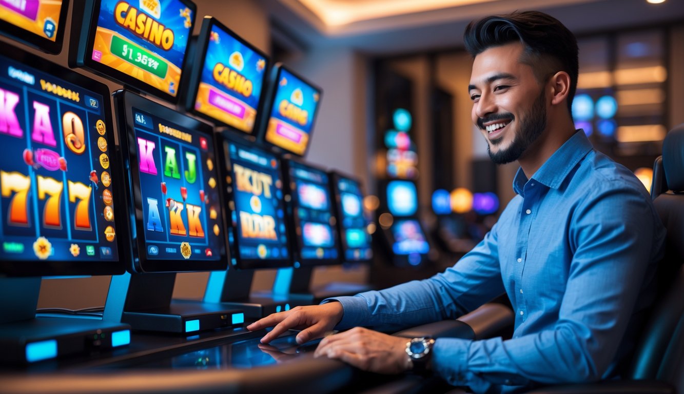 Seseorang sedang menggunakan layar sentuh dengan tampilan permainan mesin slot online yang berwarna-warni di sebuah ruangan modern.