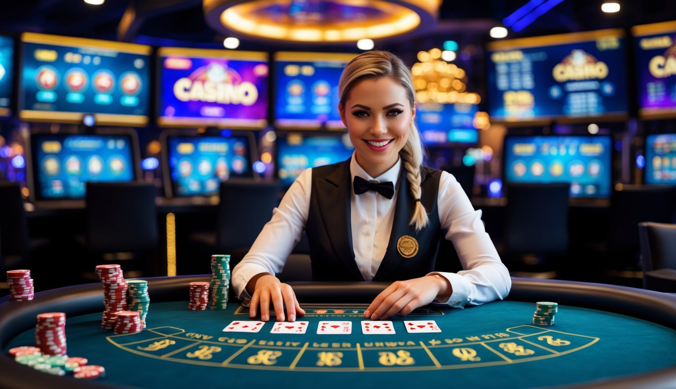 Seorang dealer kasino profesional sedang bermain langsung dengan pemain di meja permainan kasino online.