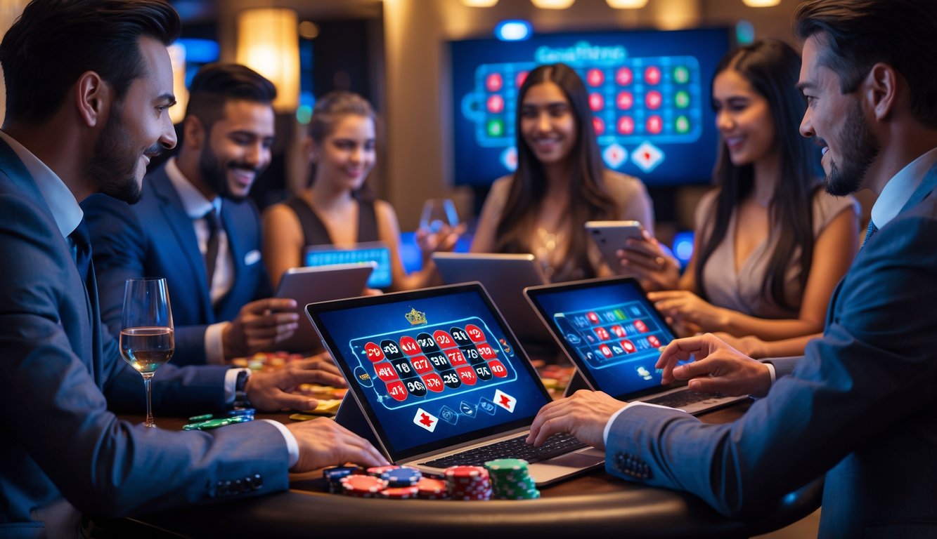 Beberapa orang bermain permainan kasino online secara langsung menggunakan laptop dan tablet dalam ruangan modern dengan pencahayaan hangat.