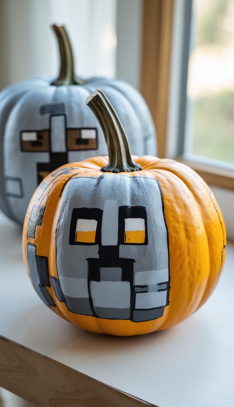 Close-up of one to two hand-painted pumpkins on a tabletop, featuring a gray Iron Golem design from Minecraft with detailed artwork and vibrant colors.