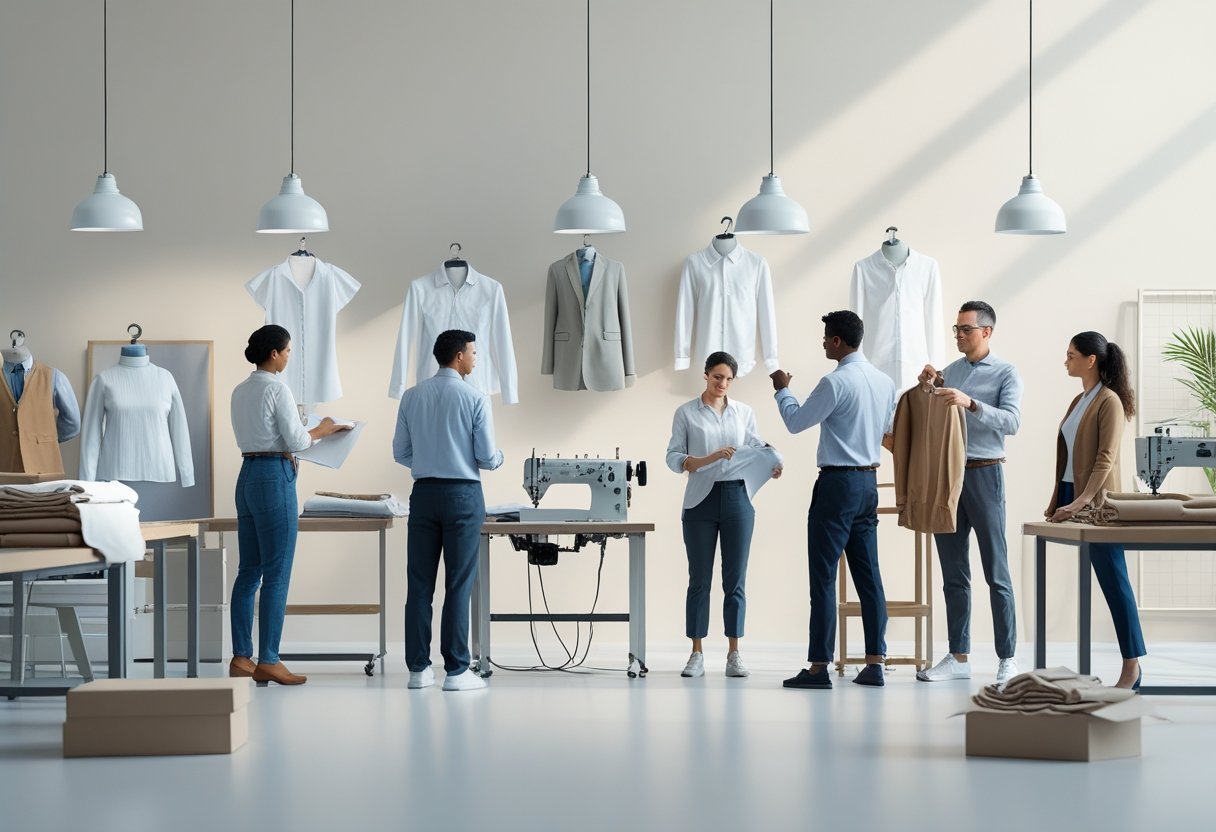 People working together in a clothing manufacturing environment, including designers, factory workers, and business professionals.