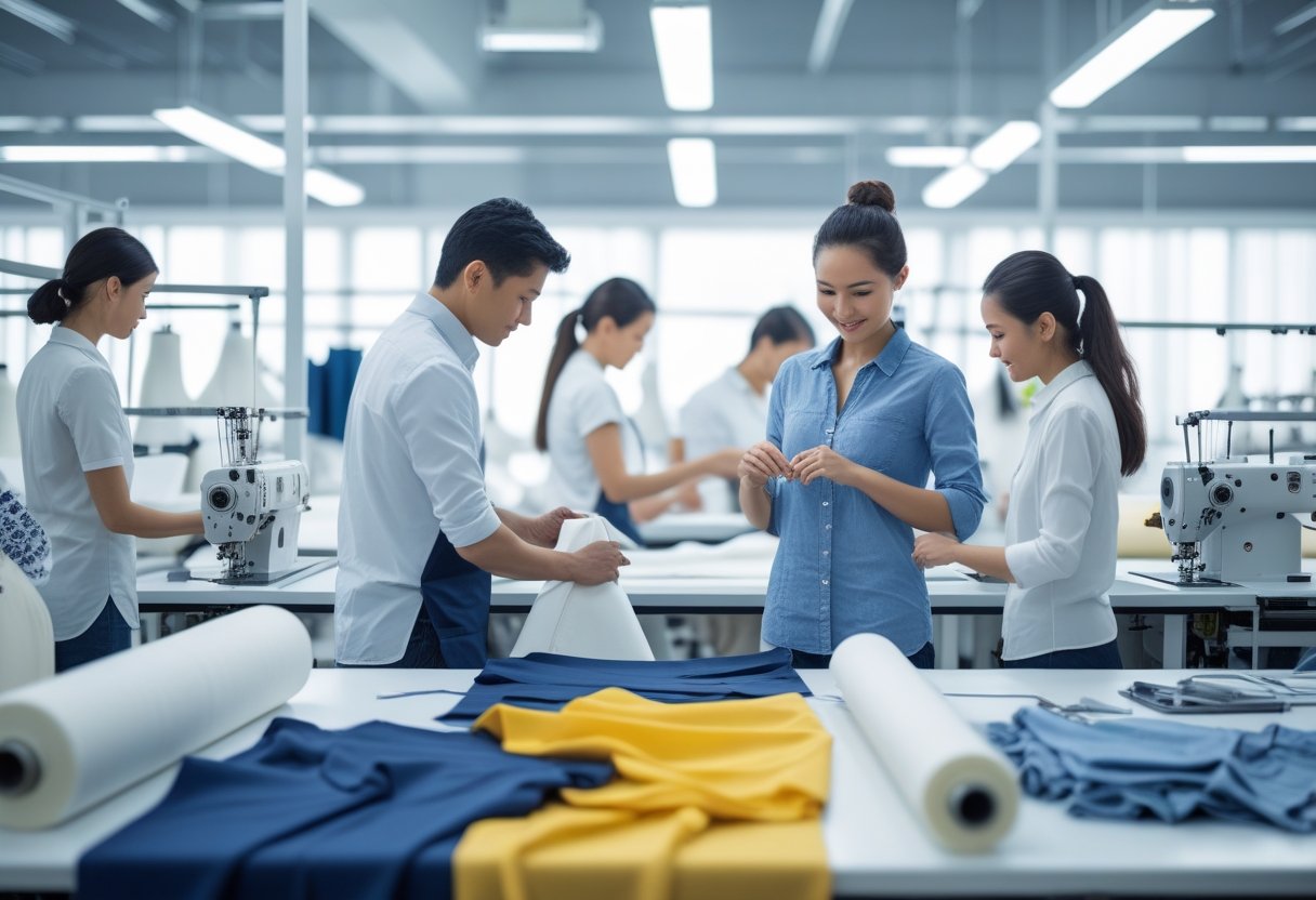 A group of people working together in a clothing manufacturing facility, inspecting fabrics and sewing garments.