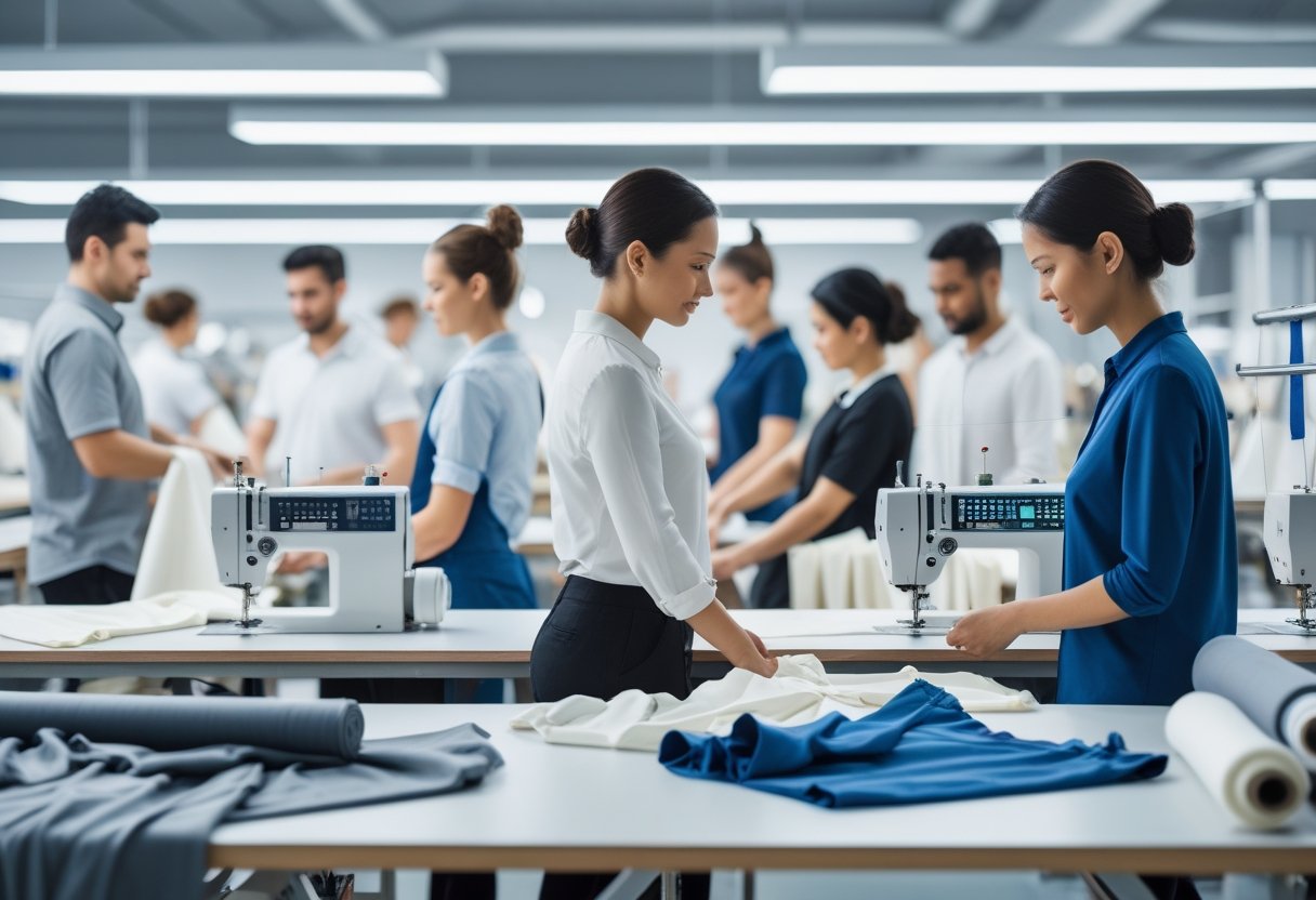 A group of people working together in a clothing manufacturing environment with sewing machines and fabric.
