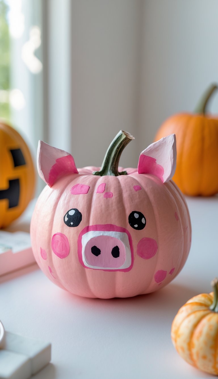 Close-up of one to two hand-painted pumpkins on a table, including a pink pumpkin with a pig nose design.