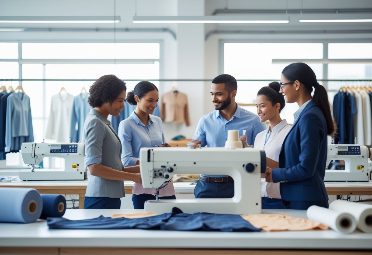 A group of professionals working together in a clothing factory or design studio surrounded by fabrics and sewing machines.