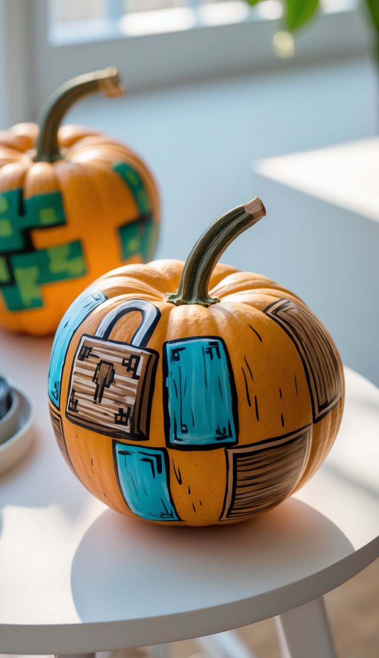 Close-up of one to two pumpkins painted with colorful Minecraft-inspired designs, featuring a lock and wood grain pattern, placed on a clean tabletop under soft daylight.