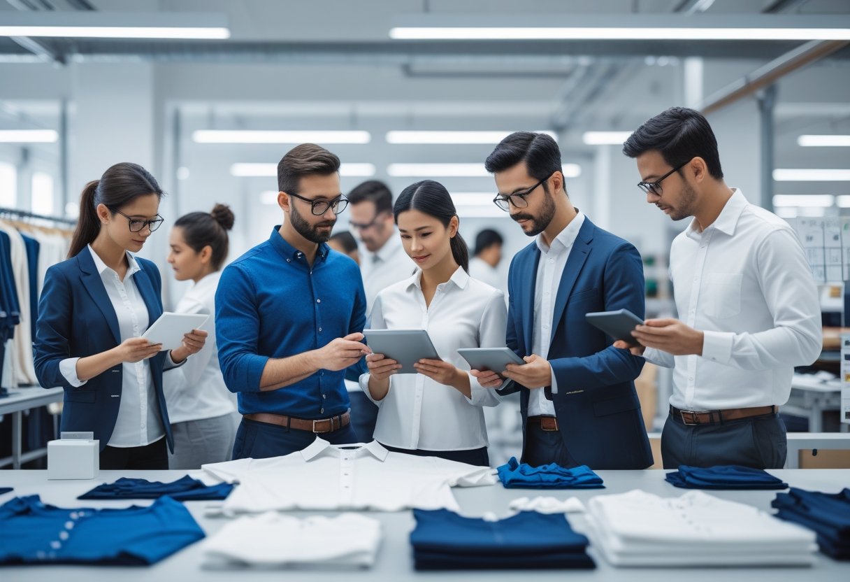 A group of professionals collaborating in a clothing manufacturing facility, inspecting garments and discussing production plans.