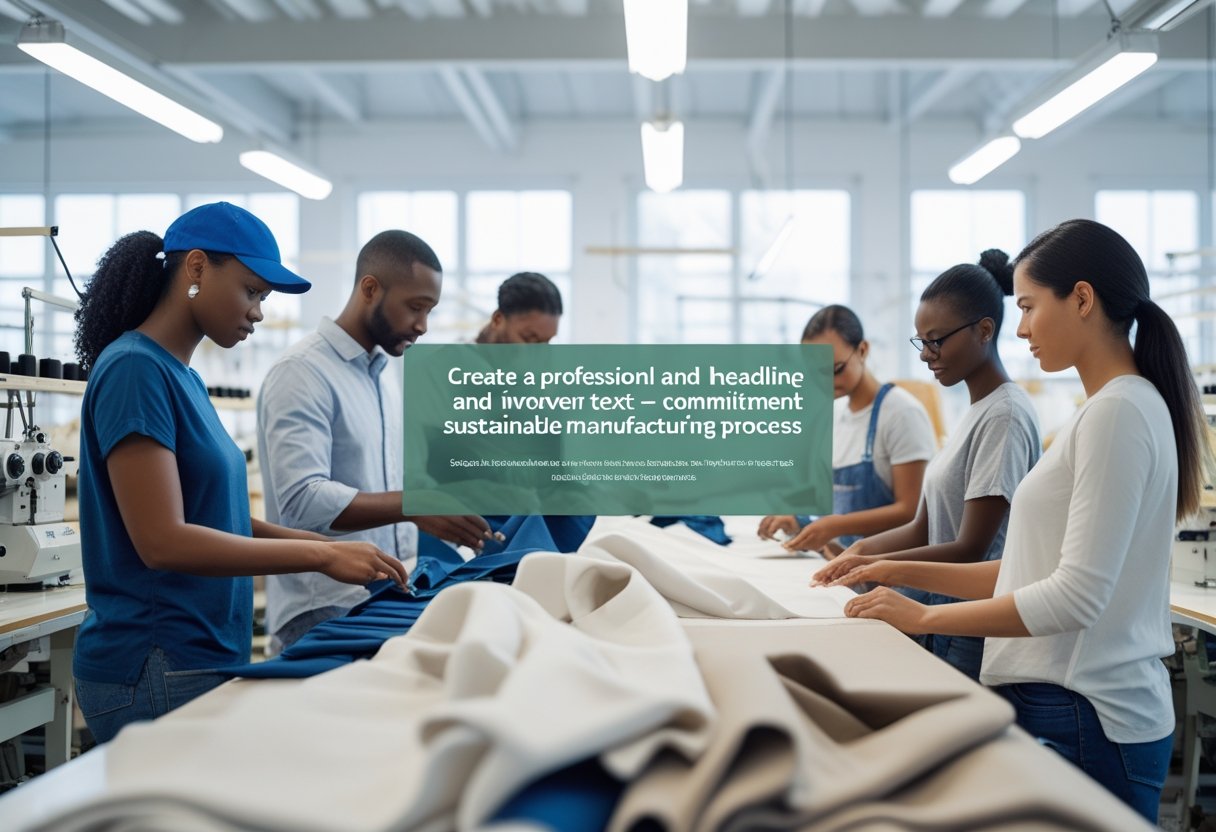 A group of people working together in a clothing manufacturing facility, inspecting fabrics and operating sewing machines.