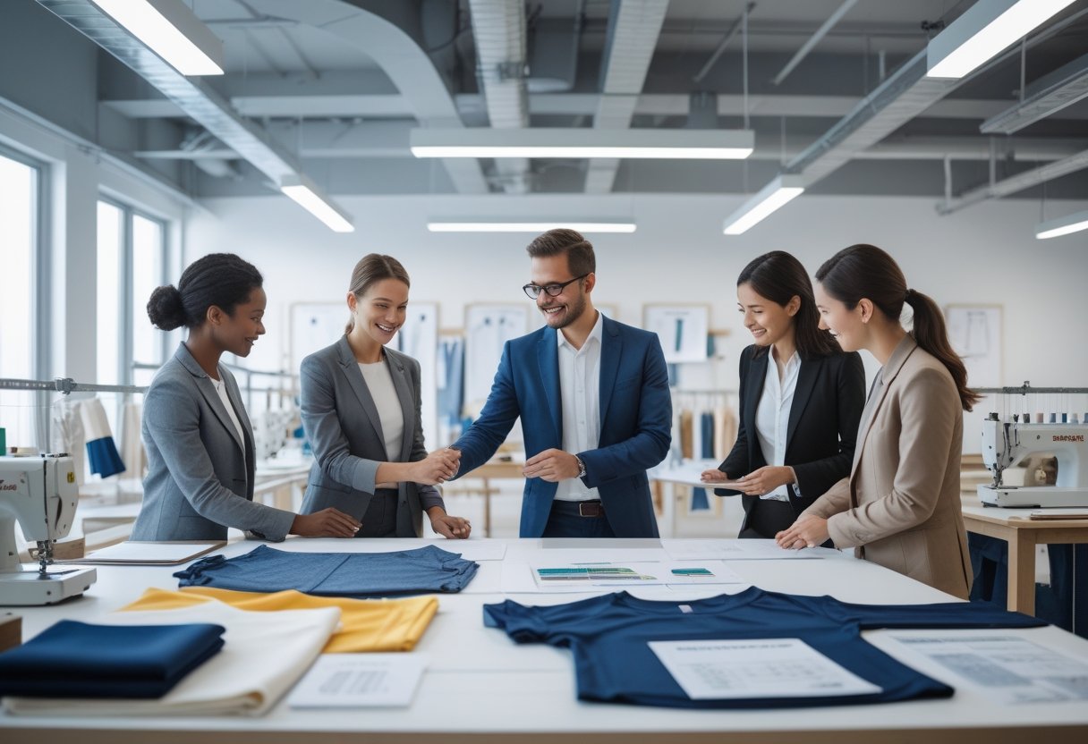 A group of professionals collaborating in a workspace with fabric samples and sewing machines, discussing clothing production and manufacturing processes.