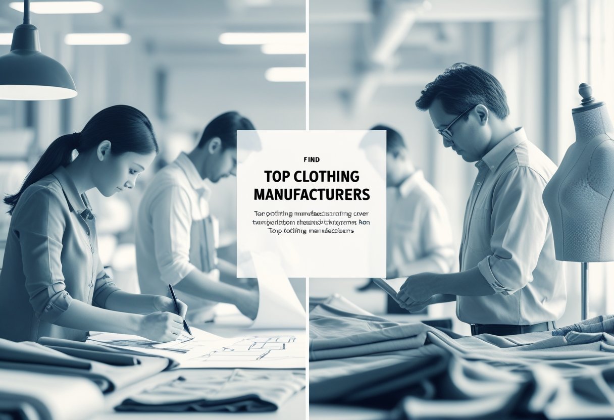 A group of people working together in a clothing manufacturing setting, including designers, factory workers, and inspectors handling garments.