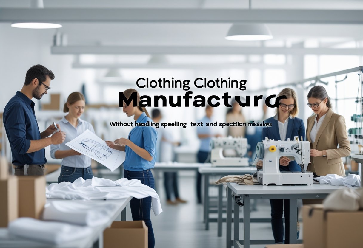 People working together in a clothing manufacturing environment, including designers, factory workers, and business professionals.