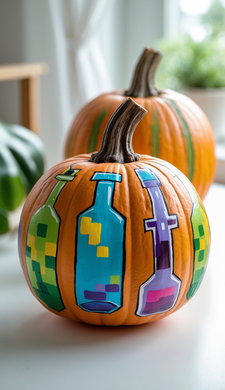 Close-up of one to two pumpkins painted with colorful potion bottle designs, placed on a clean tabletop with soft daylight.