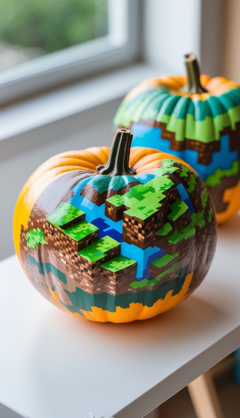 One to two pumpkins painted with colorful Minecraft terrain designs placed on a tabletop under soft daylight.