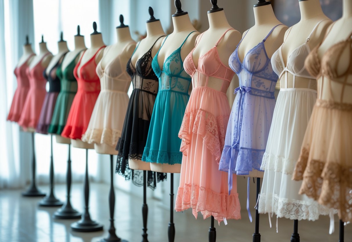 A boutique display showing 24 different babydoll lingerie styles on mannequins arranged in a bright, elegant room.