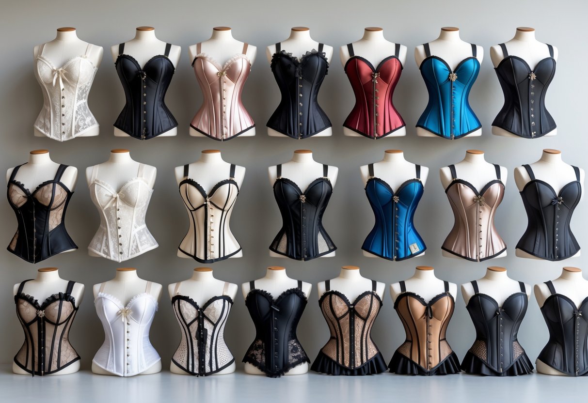 A collection of 24 different corsets displayed on mannequins and hangers against a neutral background.