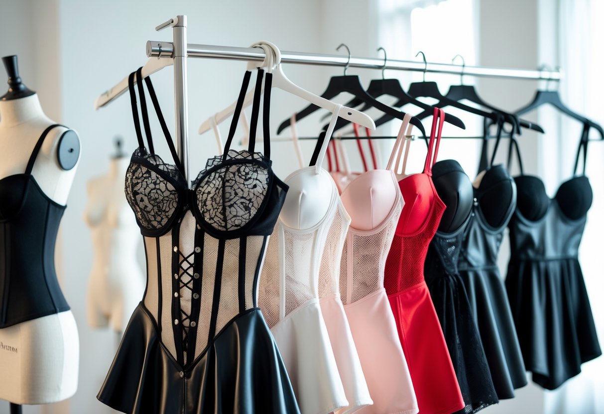 A collection of 24 different bustier lingerie styles displayed on mannequins and hangers in a bright boutique.