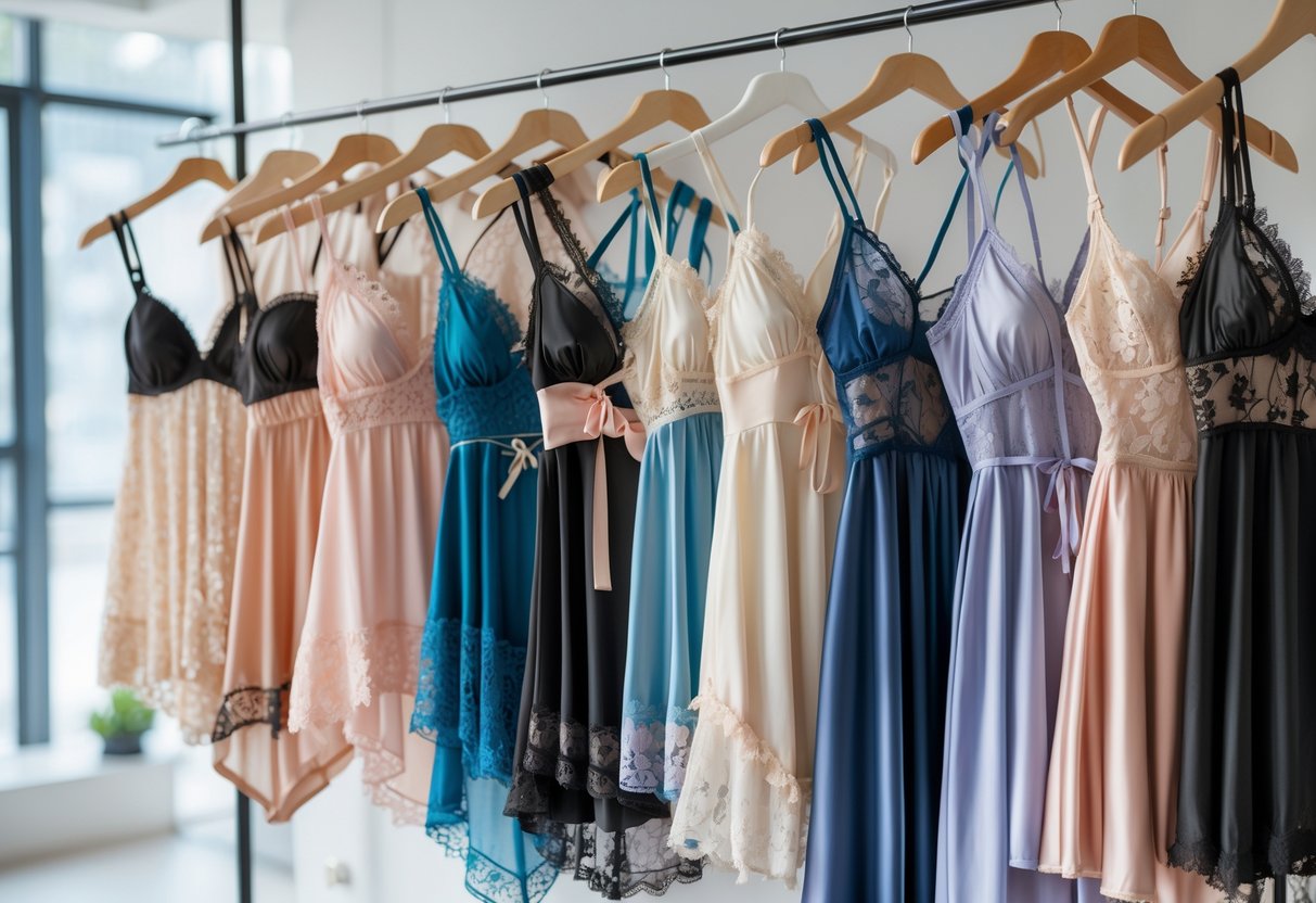 A display of 24 different chemise lingerie pieces arranged on mannequins and hangers in a boutique.