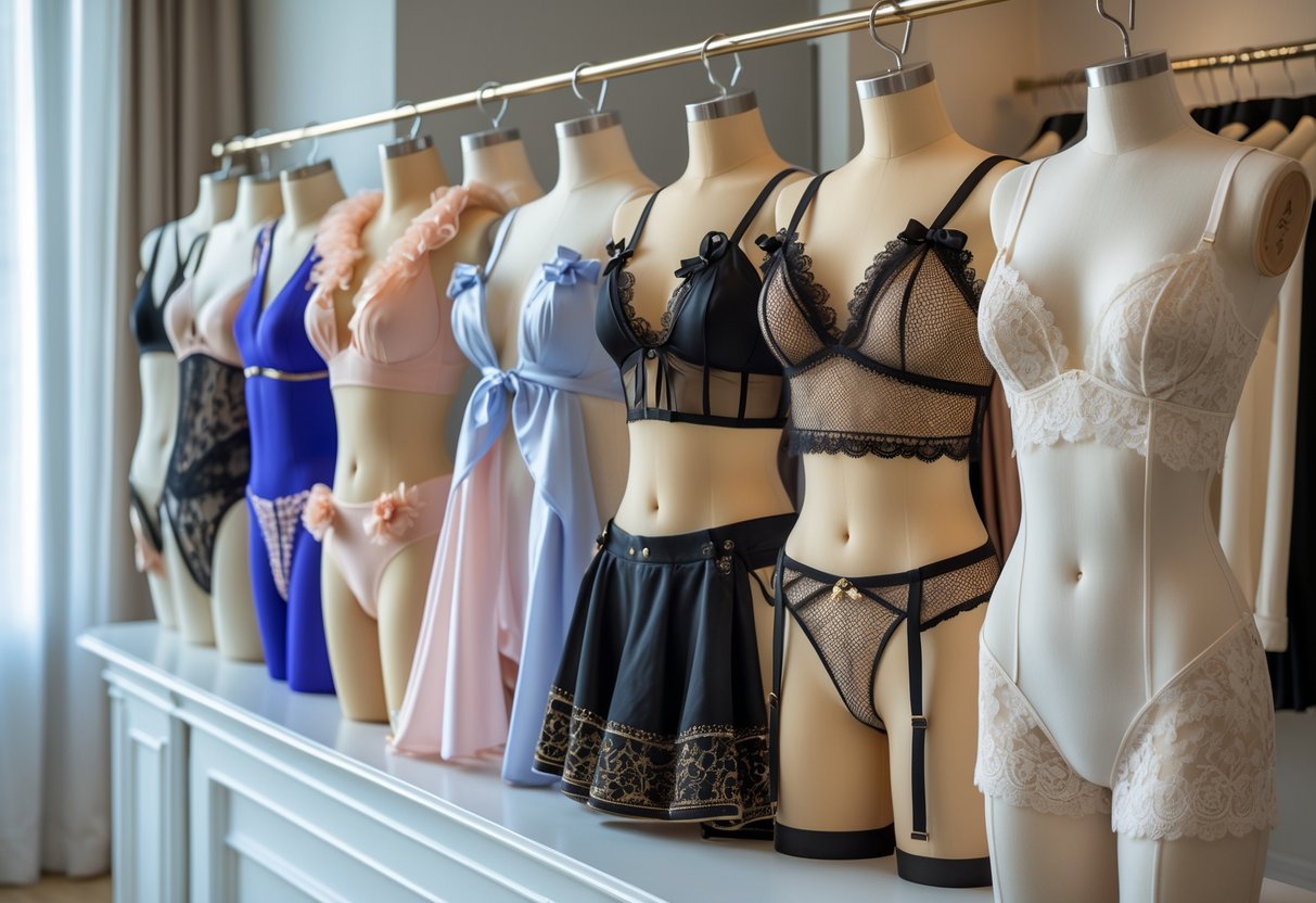 A collection of 24 different teddy lingerie styles displayed on mannequins and hangers in a boutique setting.