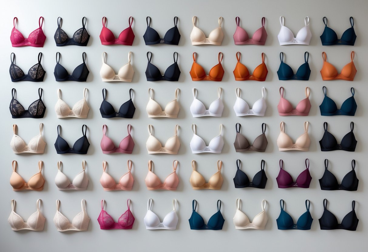 A collection of 24 different bralettes arranged neatly on a neutral background, showing various colors and designs.