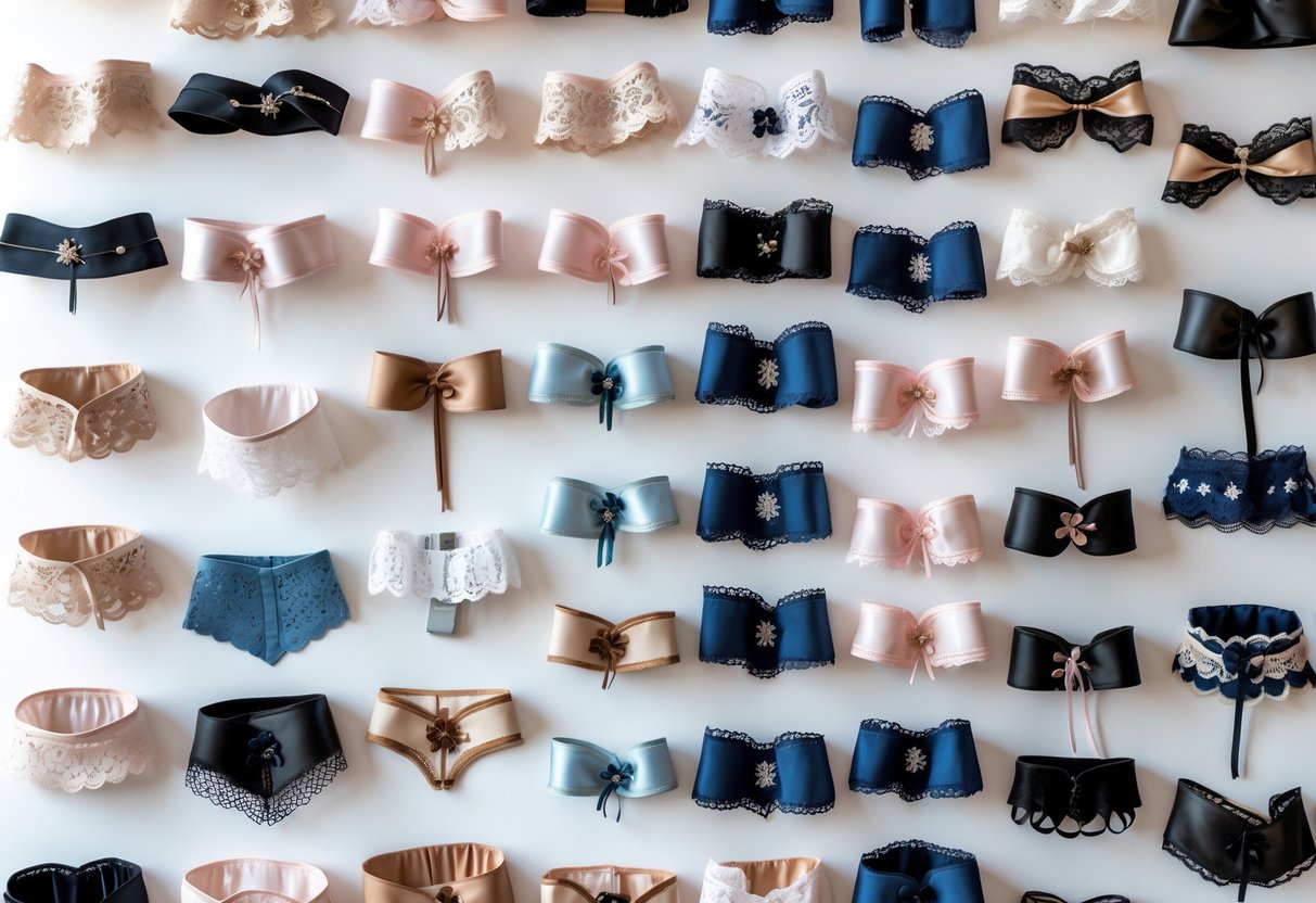 A collection of 24 different garter belts displayed neatly on a white background.