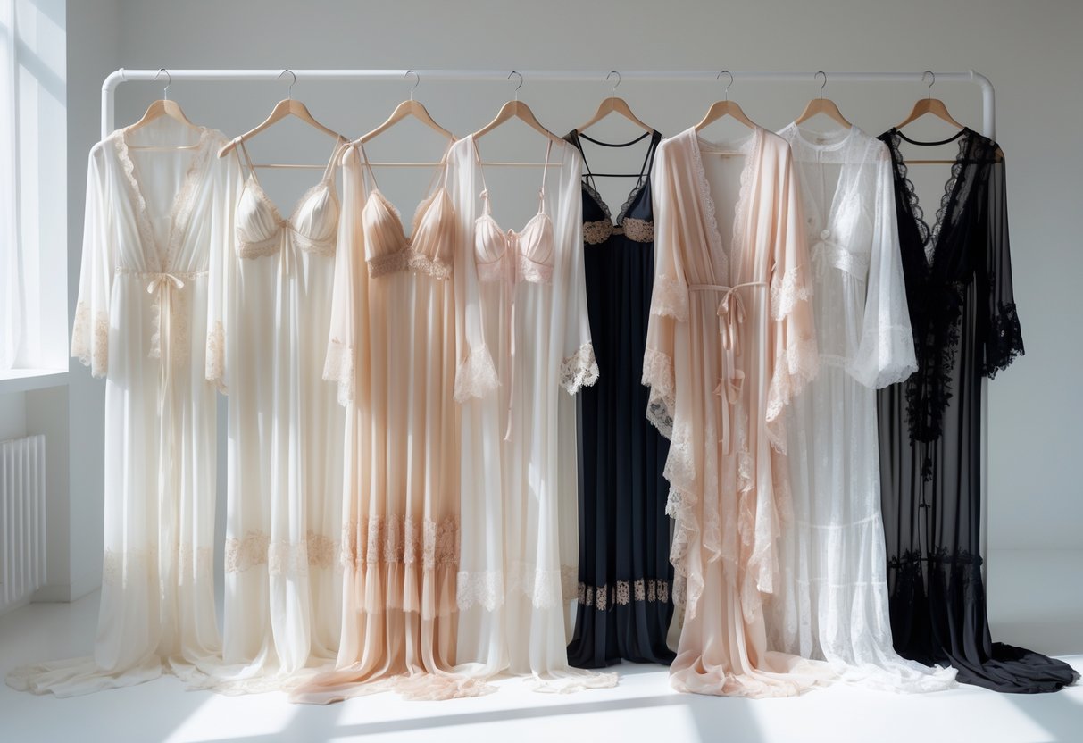 A display of 24 different peignoir lingerie pieces arranged on mannequins and hangers in a well-lit studio.