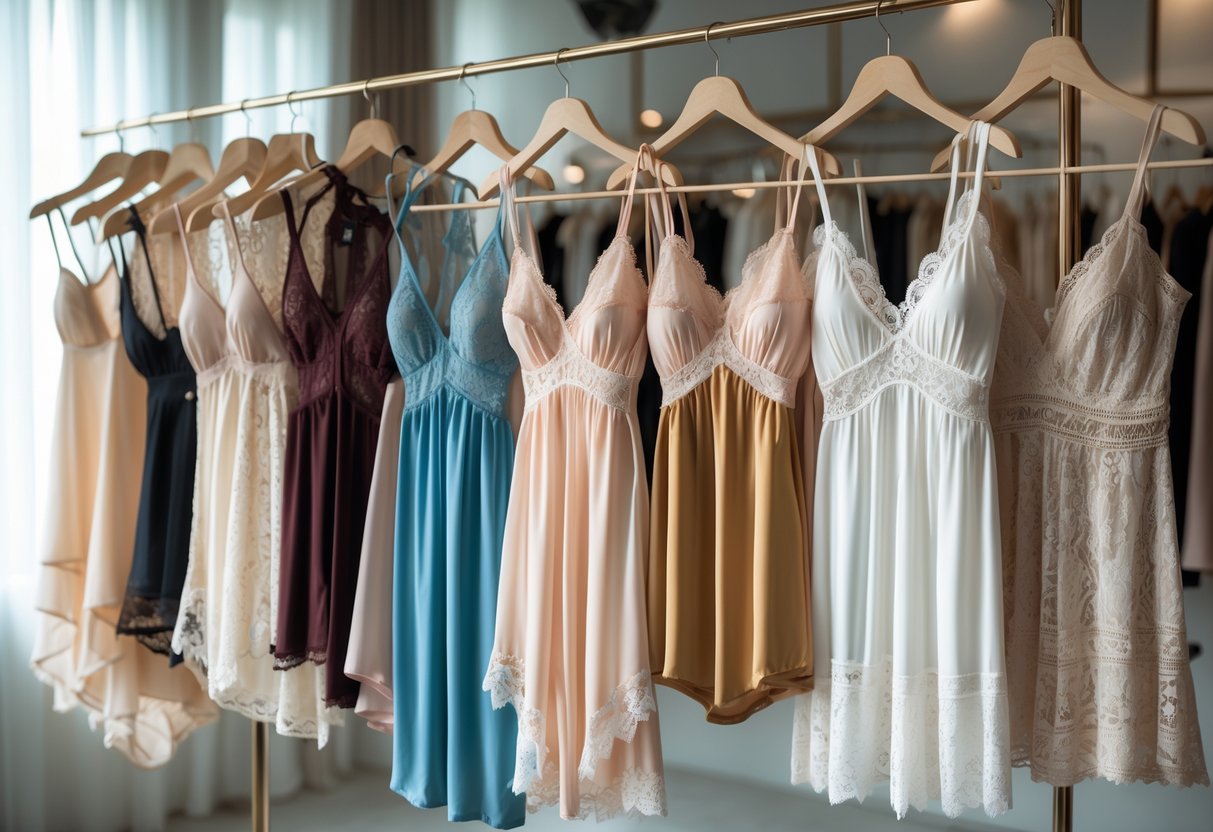 A display of twenty-four different negligees arranged on mannequins and hangers in a boutique.