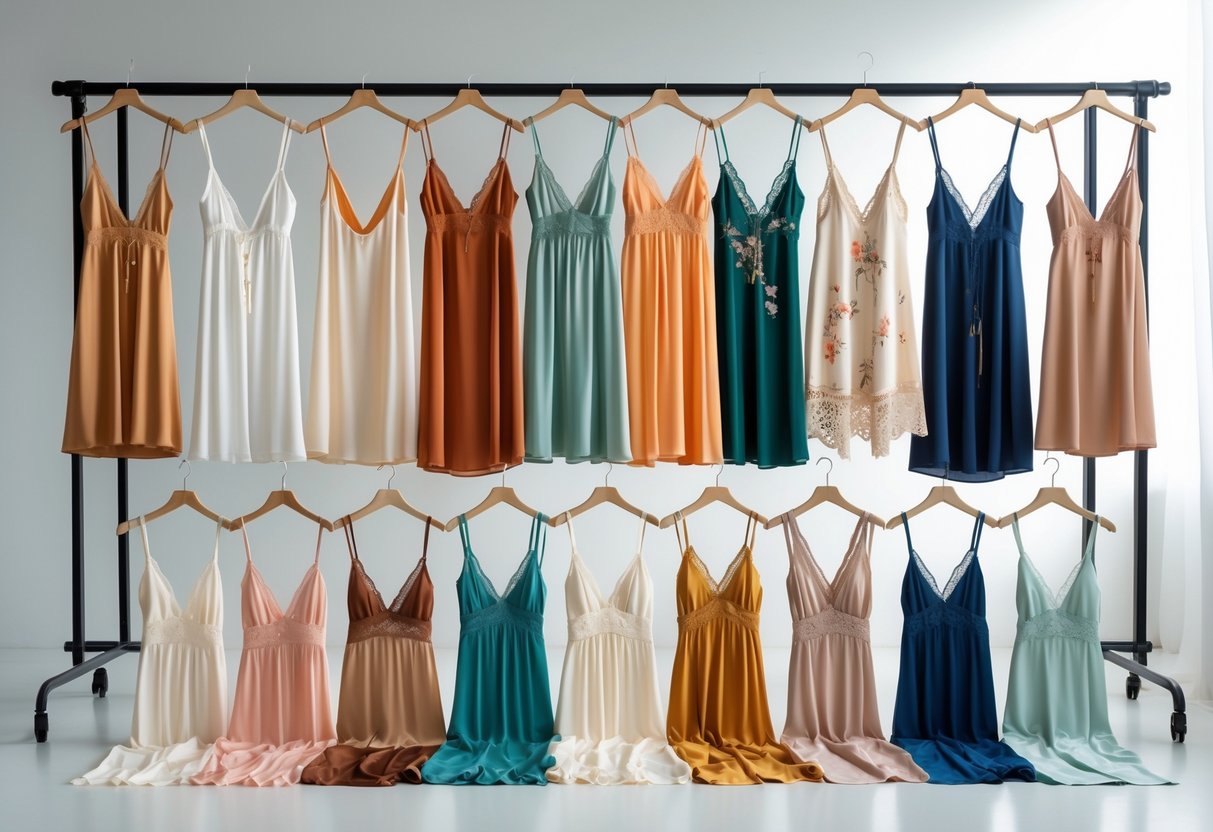 A collection of 24 slip dresses displayed on mannequins and hangers in a bright studio.