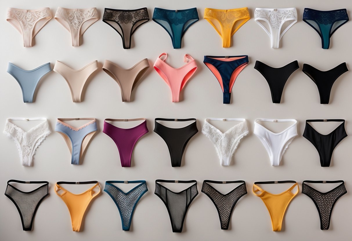 A neatly arranged collection of 24 different thong lingerie pieces displayed on a neutral background.