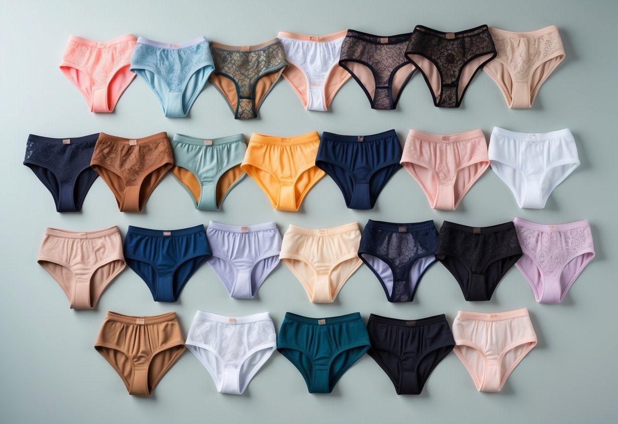 A collection of 24 different high-waist panties arranged neatly on a plain background, showing various colors and styles.