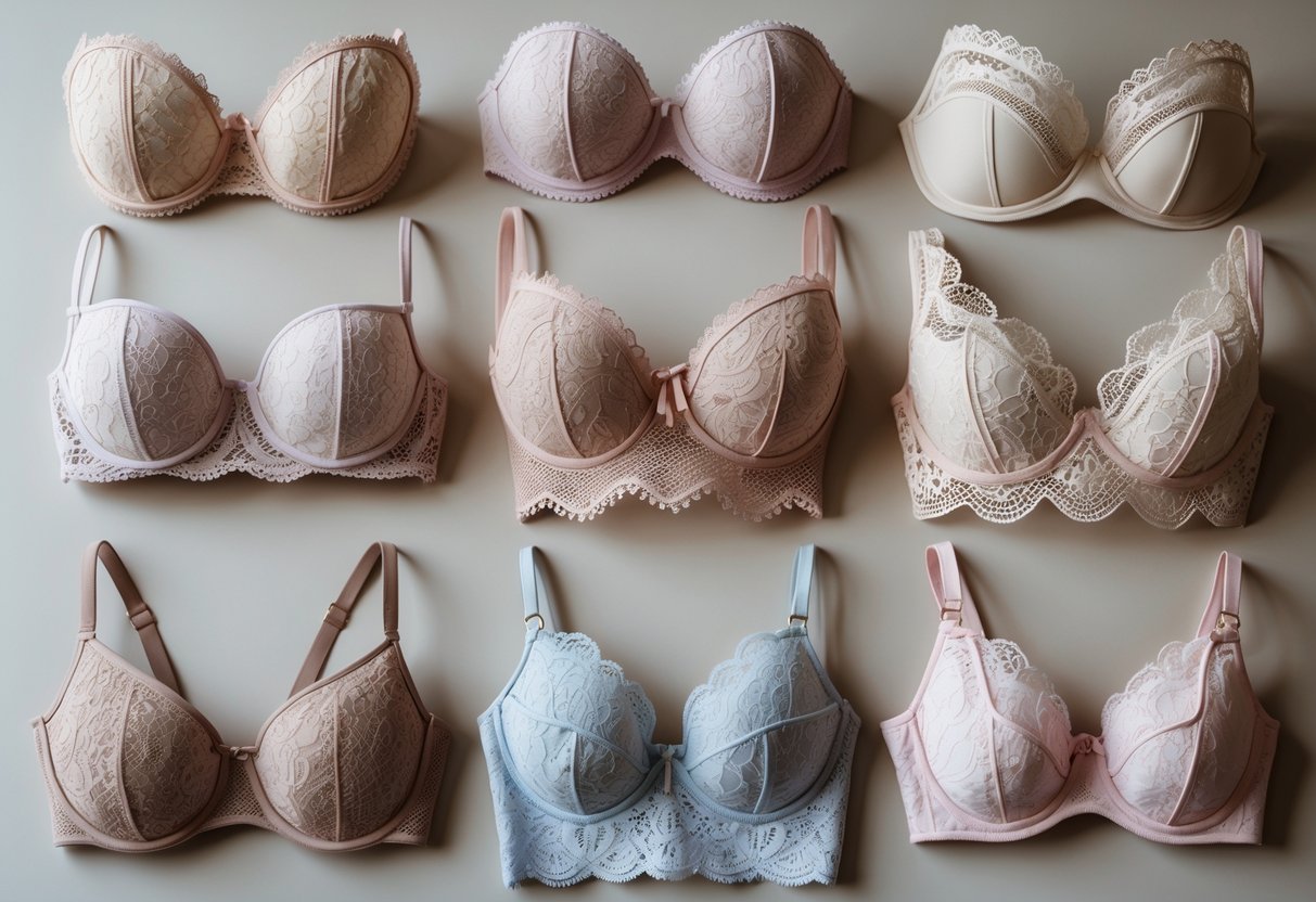 A collection of 24 different lacy bras arranged neatly on a neutral background.