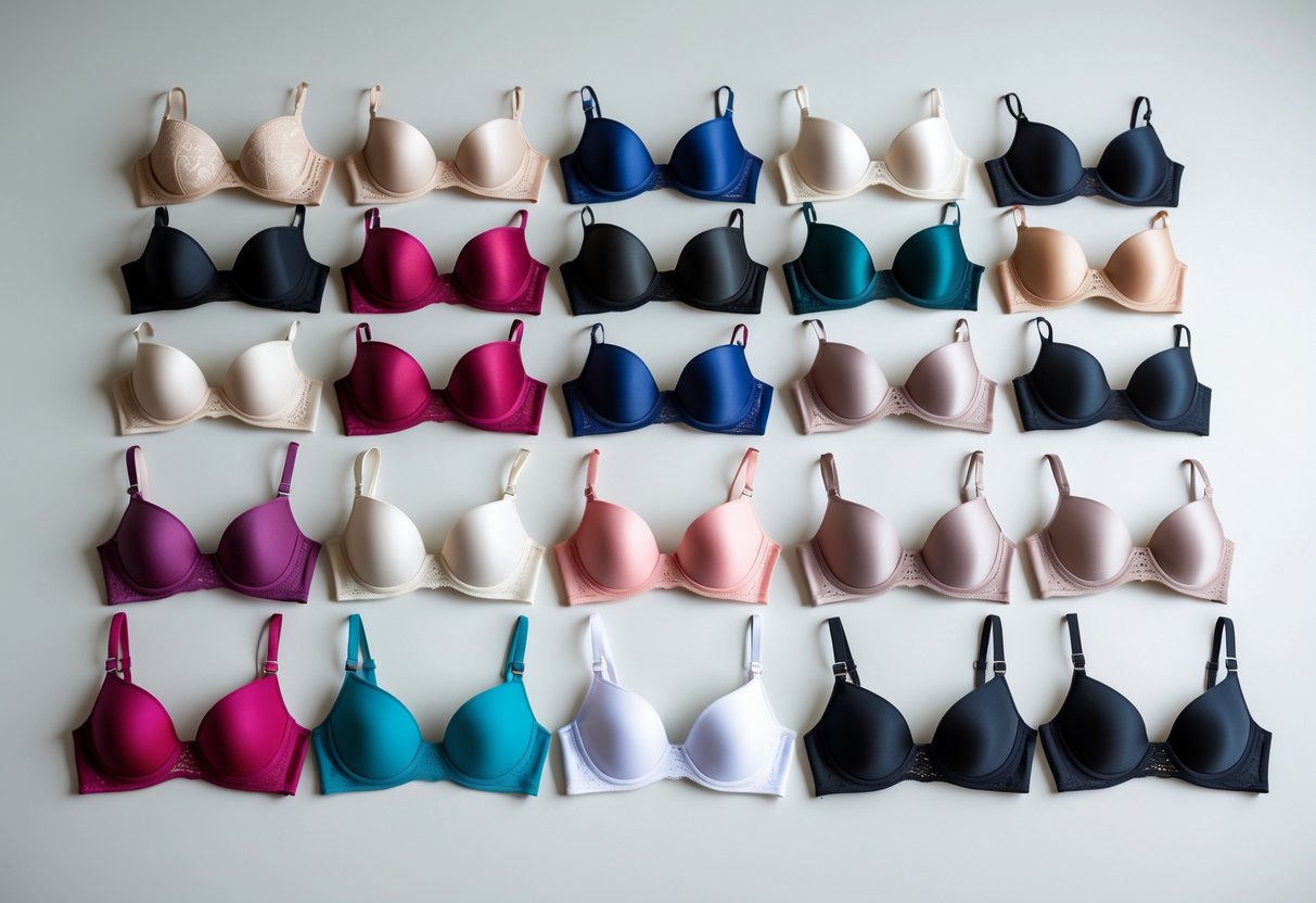 A collection of 24 different types of push-up bras arranged neatly on a neutral background.