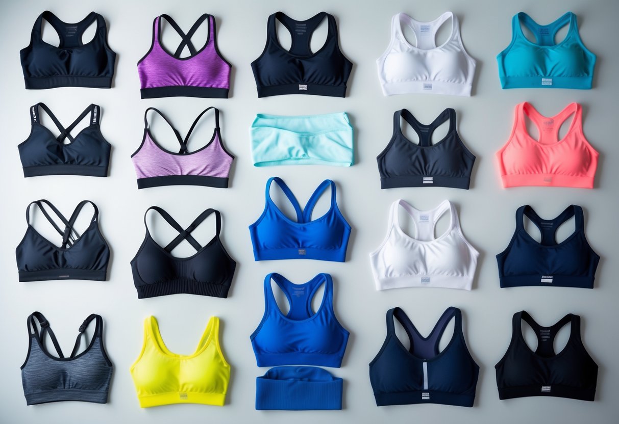 A collection of 24 different sports bras arranged neatly on a light surface, showing various styles and colors.