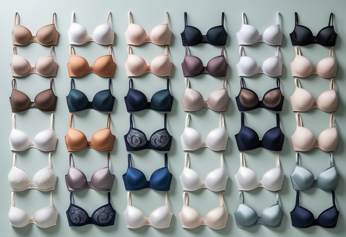 A collection of 24 different strapless bras displayed neatly on a light background.